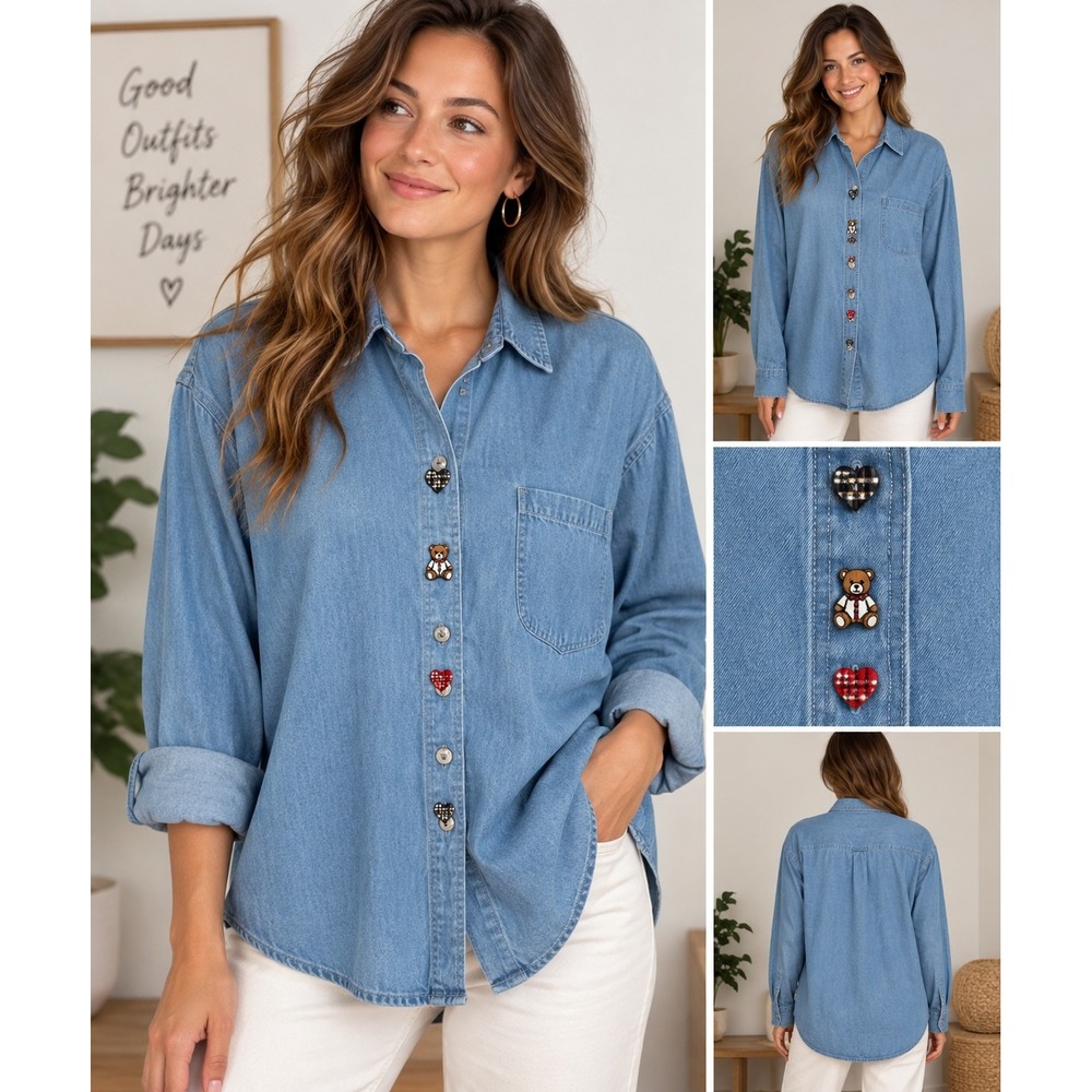 International Blues New York‎ L Denim Shirt Novelty Buttons Teddy Bear Vintage